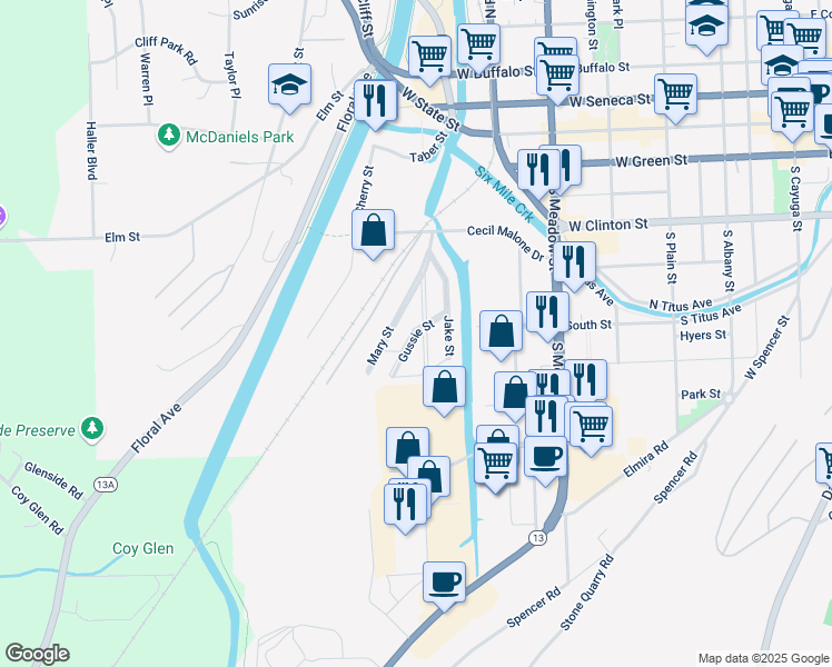 map of restaurants, bars, coffee shops, grocery stores, and more near Gussie Street in Ithaca