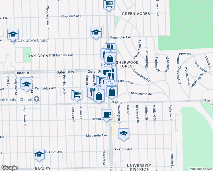 map of restaurants, bars, coffee shops, grocery stores, and more near 19301 Livernois in Detroit