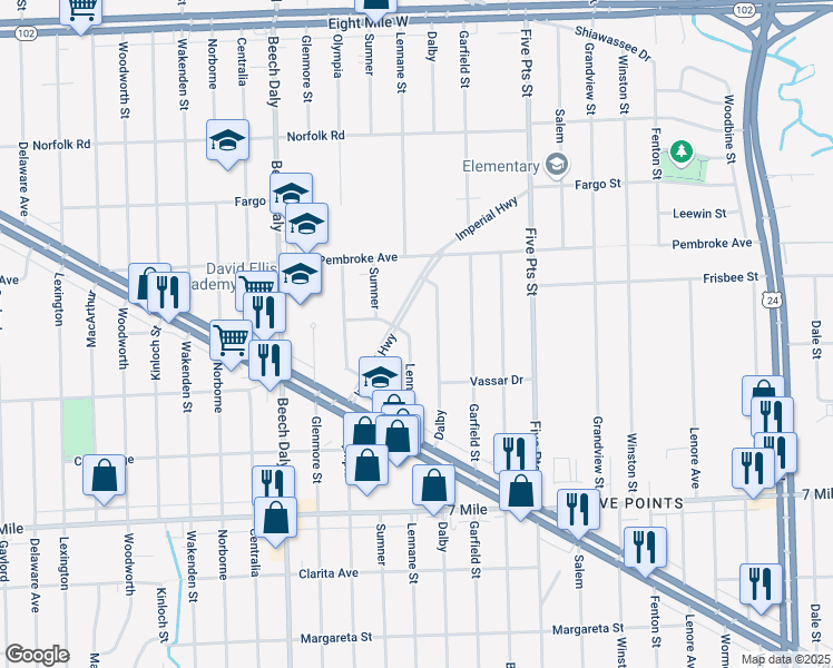 map of restaurants, bars, coffee shops, grocery stores, and more near 19540 Lennane in Redford Charter Township