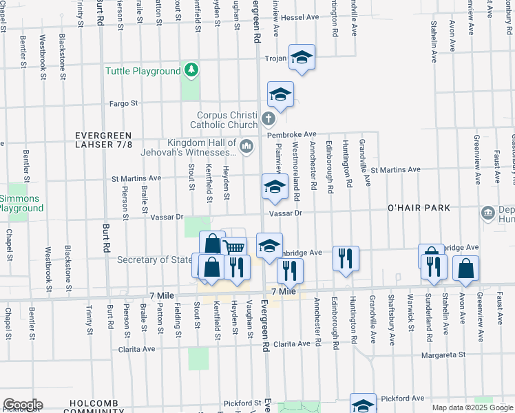 map of restaurants, bars, coffee shops, grocery stores, and more near 19415 Evergreen Road in Detroit