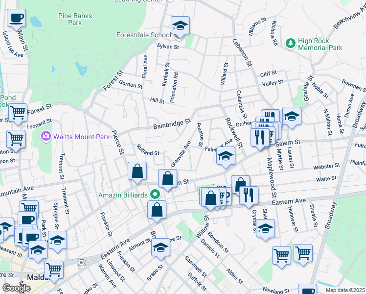 map of restaurants, bars, coffee shops, grocery stores, and more near 76 Granville Avenue in Malden