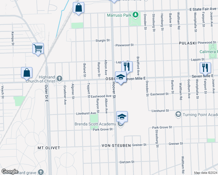 map of restaurants, bars, coffee shops, grocery stores, and more near 18960 Albion Avenue in Detroit