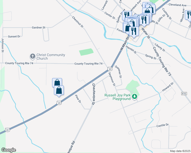 map of restaurants, bars, coffee shops, grocery stores, and more near 241 West Main Street in Fredonia