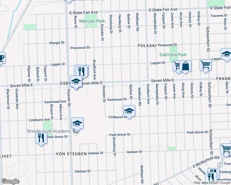 map of restaurants, bars, coffee shops, grocery stores, and more near 18946 Strasburg Street in Detroit