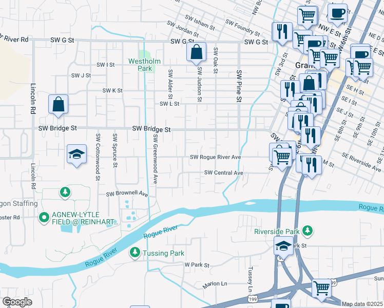 map of restaurants, bars, coffee shops, grocery stores, and more near 944 Southwest Rogue River Avenue in Grants Pass