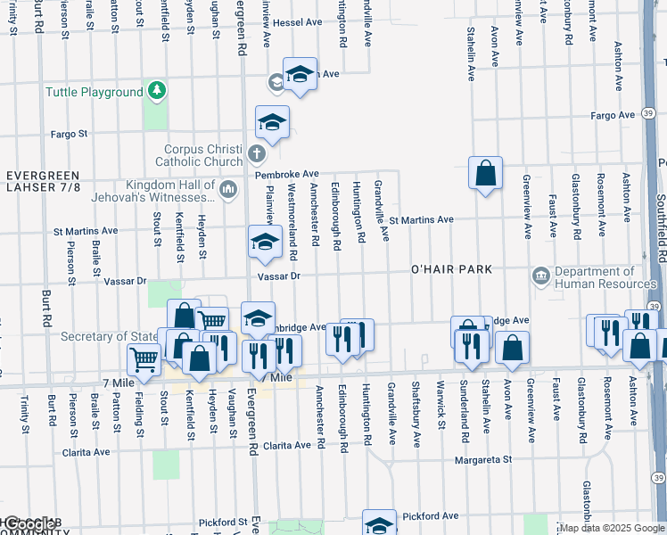 map of restaurants, bars, coffee shops, grocery stores, and more near 19413 Edinborough Road in Detroit