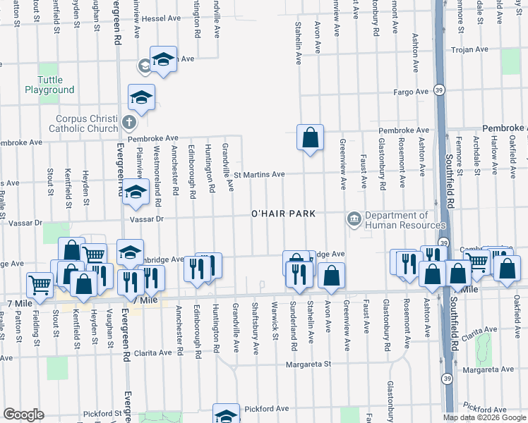 map of restaurants, bars, coffee shops, grocery stores, and more near 19401 Warwick St in Detroit