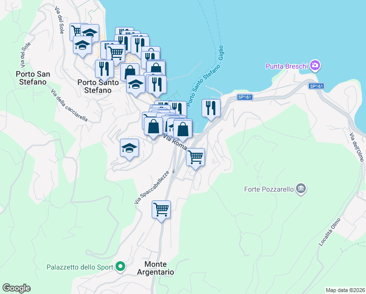 map of restaurants, bars, coffee shops, grocery stores, and more near 17 Via Spaccabellezze in Porto Santo Stefano