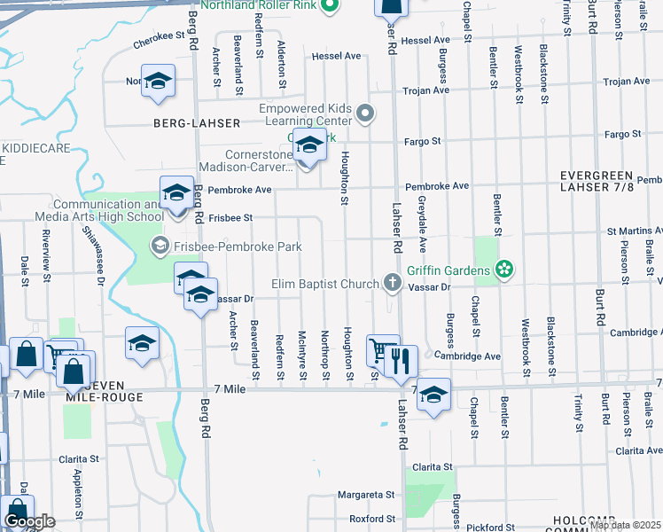 map of restaurants, bars, coffee shops, grocery stores, and more near 19410 Northrop Street in Detroit