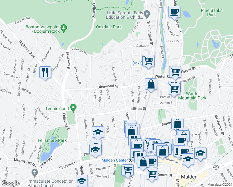 map of restaurants, bars, coffee shops, grocery stores, and more near 55 Bartlett Street in Malden