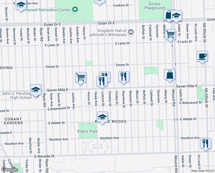 map of restaurants, bars, coffee shops, grocery stores, and more near 5017 Seven Mile East in Detroit