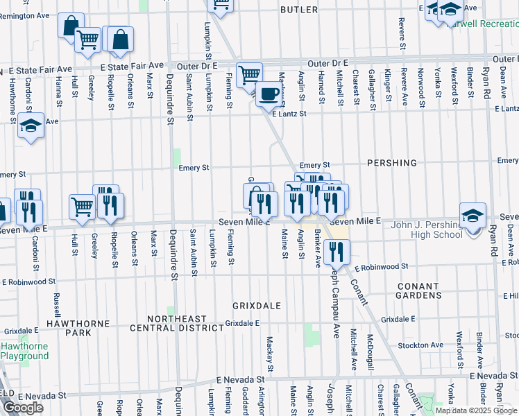 map of restaurants, bars, coffee shops, grocery stores, and more near 19144 Goddard Street in Detroit