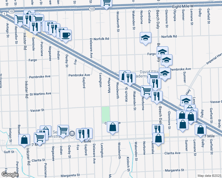map of restaurants, bars, coffee shops, grocery stores, and more near 19700 MacArthur in Redford Charter Township