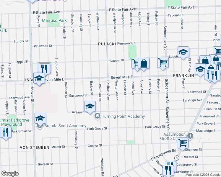 map of restaurants, bars, coffee shops, grocery stores, and more near 18940 Goulburn Avenue in Detroit