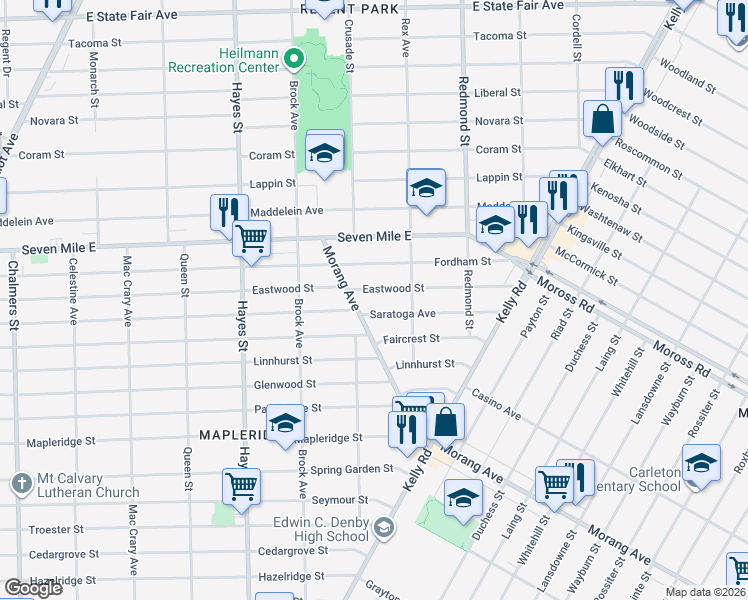 map of restaurants, bars, coffee shops, grocery stores, and more near 18836 Morang Avenue in Detroit