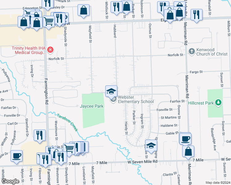 map of restaurants, bars, coffee shops, grocery stores, and more near 32401 Pembroke in Livonia