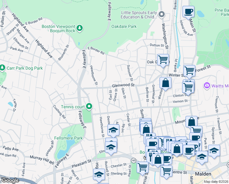 map of restaurants, bars, coffee shops, grocery stores, and more near 47 Earl Street in Malden