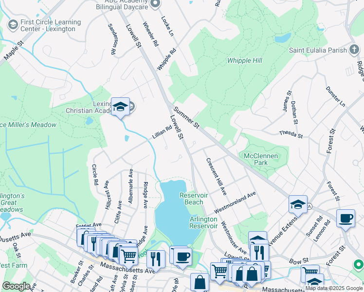 map of restaurants, bars, coffee shops, grocery stores, and more near 60 Lowell Street in Lexington