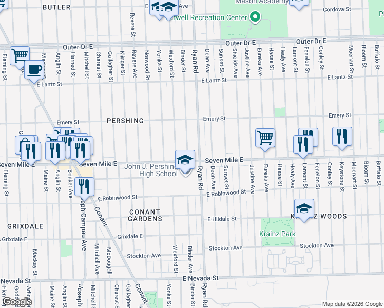 map of restaurants, bars, coffee shops, grocery stores, and more near 19126 Binder Street in Detroit
