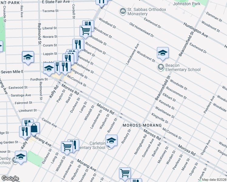 map of restaurants, bars, coffee shops, grocery stores, and more near 19105 Kingsville Street in Harper Woods