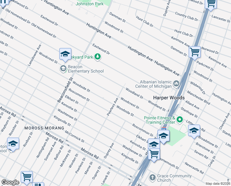 map of restaurants, bars, coffee shops, grocery stores, and more near 20049 Woodcrest Street in Harper Woods