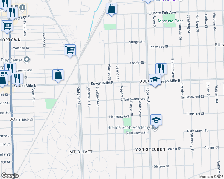 map of restaurants, bars, coffee shops, grocery stores, and more near 18975 Beland Street in Detroit