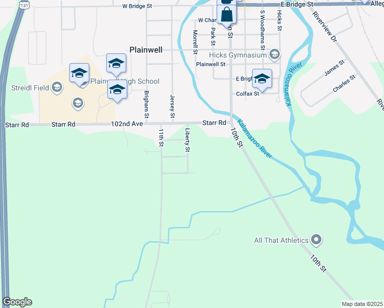 map of restaurants, bars, coffee shops, grocery stores, and more near 183 Liberty Street in Plainwell