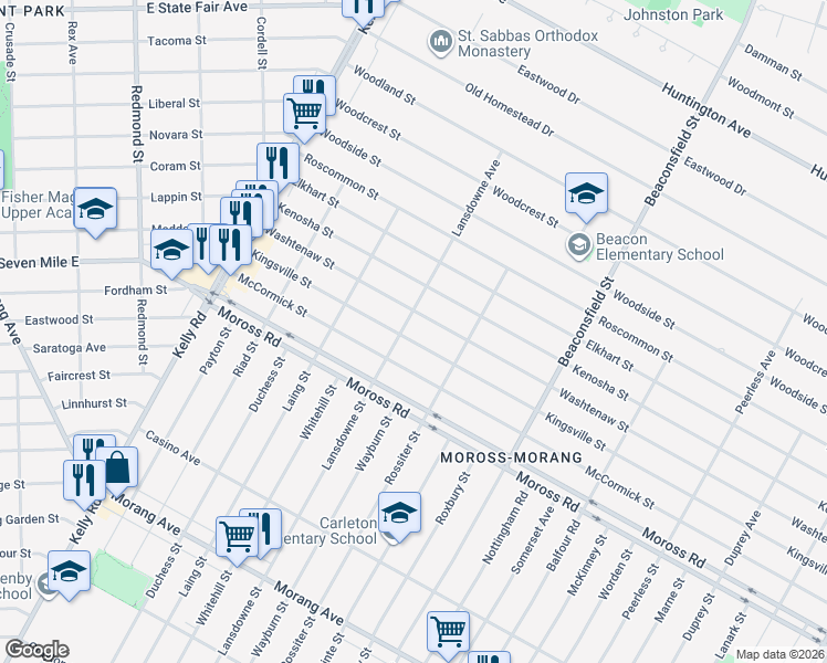 map of restaurants, bars, coffee shops, grocery stores, and more near 19105 Kingsville Street in Harper Woods