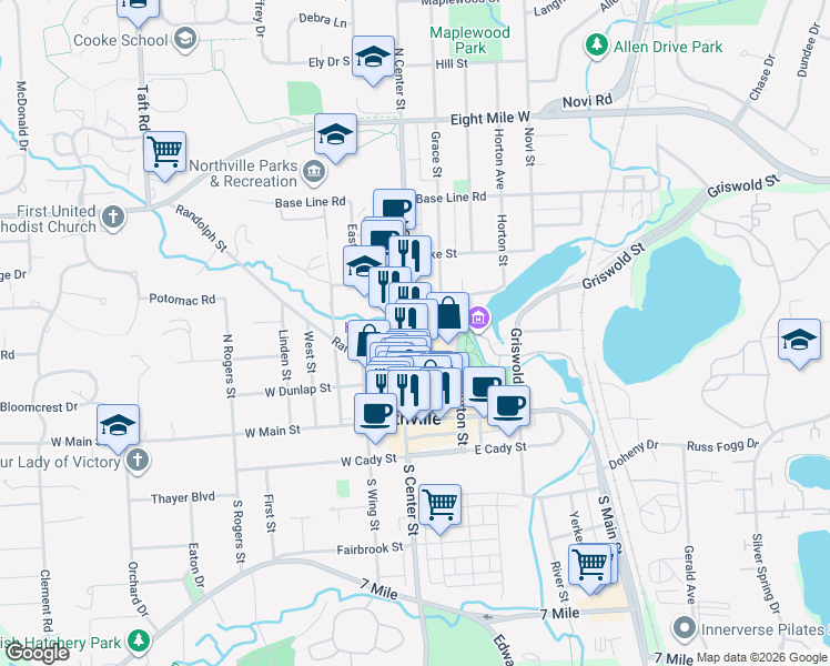 map of restaurants, bars, coffee shops, grocery stores, and more near 229 Hutton Street in Northville