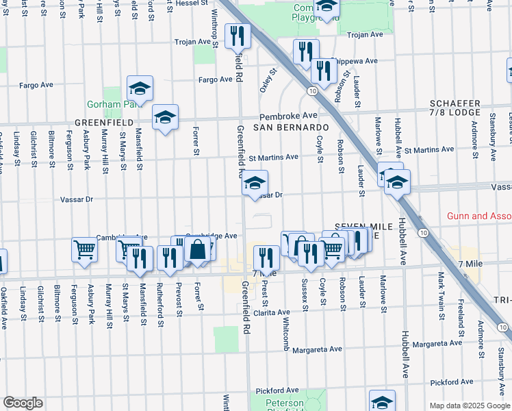 map of restaurants, bars, coffee shops, grocery stores, and more near 19370 Greenfield Road in Detroit