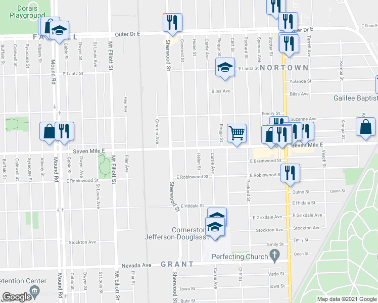 map of restaurants, bars, coffee shops, grocery stores, and more near 6812 Seven Mile East in Detroit
