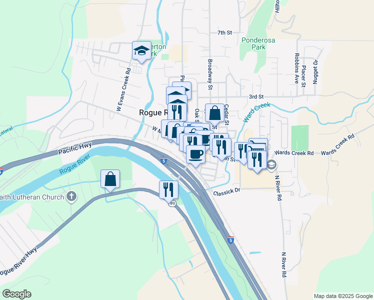 map of restaurants, bars, coffee shops, grocery stores, and more near 110 East Main Street in Rogue River