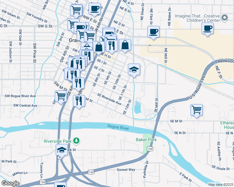 map of restaurants, bars, coffee shops, grocery stores, and more near 509 Southeast L Street in Grants Pass