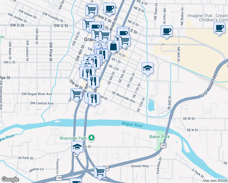 map of restaurants, bars, coffee shops, grocery stores, and more near 709 Southeast 9th Street in Grants Pass