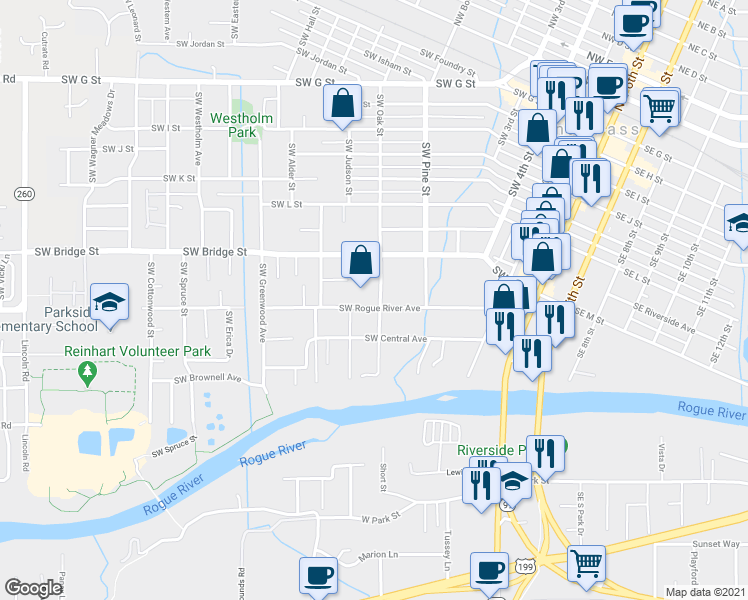 map of restaurants, bars, coffee shops, grocery stores, and more near 908 Southwest Rogue River Avenue in Grants Pass