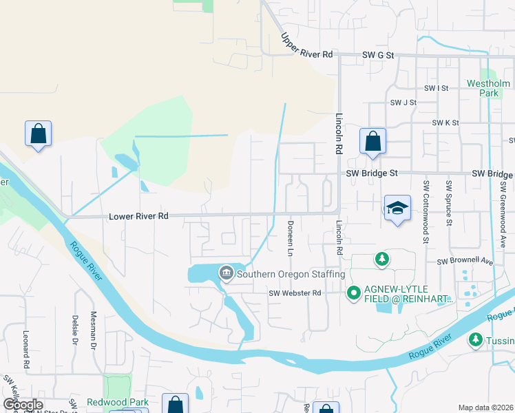 map of restaurants, bars, coffee shops, grocery stores, and more near 2300 Lower River Road in Grants Pass