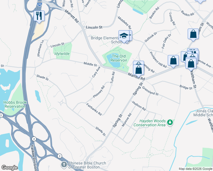 map of restaurants, bars, coffee shops, grocery stores, and more near 22 Tufts Road in Lexington