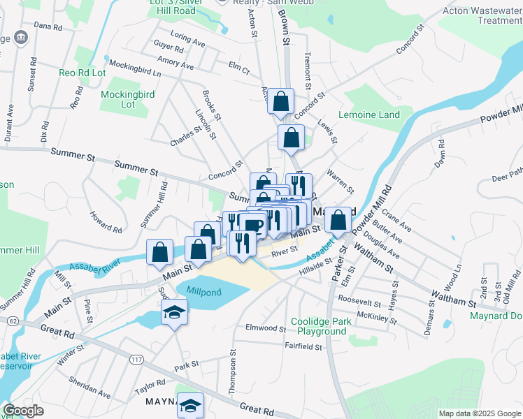 map of restaurants, bars, coffee shops, grocery stores, and more near 42 Summer Street in Maynard