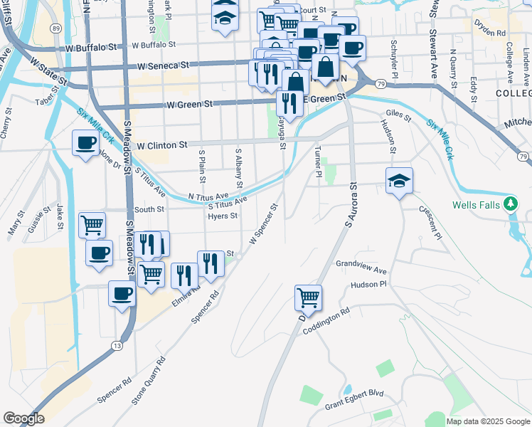 map of restaurants, bars, coffee shops, grocery stores, and more near 431 South Geneva Street in Ithaca