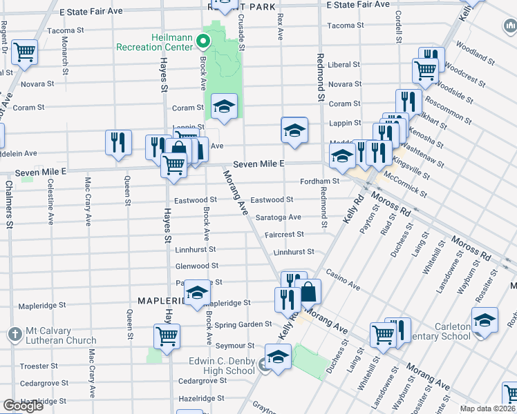 map of restaurants, bars, coffee shops, grocery stores, and more near 18836 Morang Avenue in Detroit
