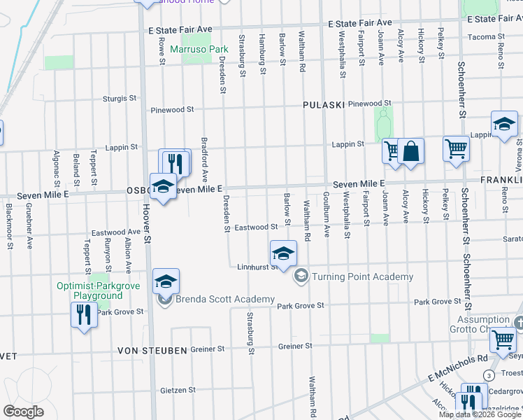 map of restaurants, bars, coffee shops, grocery stores, and more near 18946 Strasburg Street in Detroit