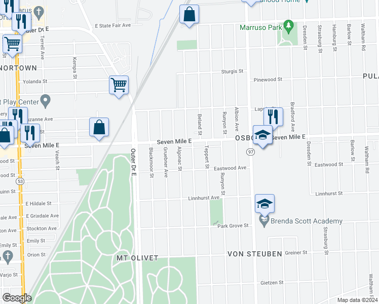 map of restaurants, bars, coffee shops, grocery stores, and more near 18975 Beland Street in Detroit