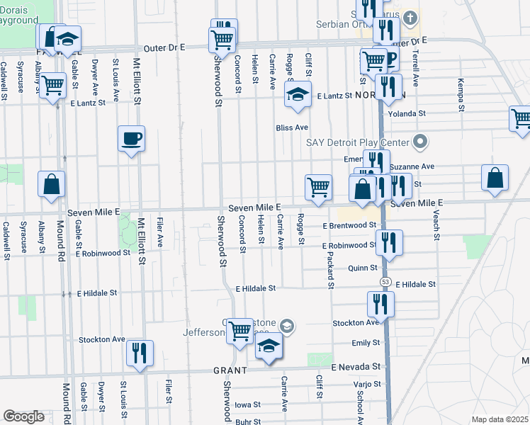 map of restaurants, bars, coffee shops, grocery stores, and more near 7026 Seven Mile East in Detroit