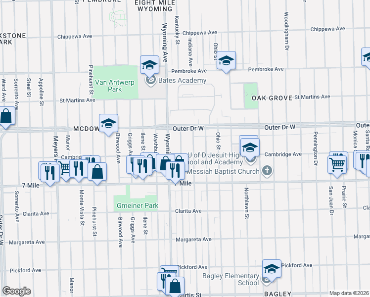 map of restaurants, bars, coffee shops, grocery stores, and more near 19319 Kentucky Street in Detroit