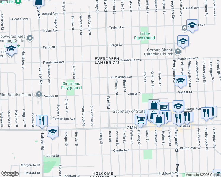 map of restaurants, bars, coffee shops, grocery stores, and more near 19428 Burt Road in Detroit