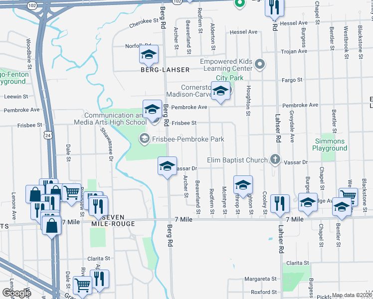 map of restaurants, bars, coffee shops, grocery stores, and more near 19474 Archer Street in Detroit