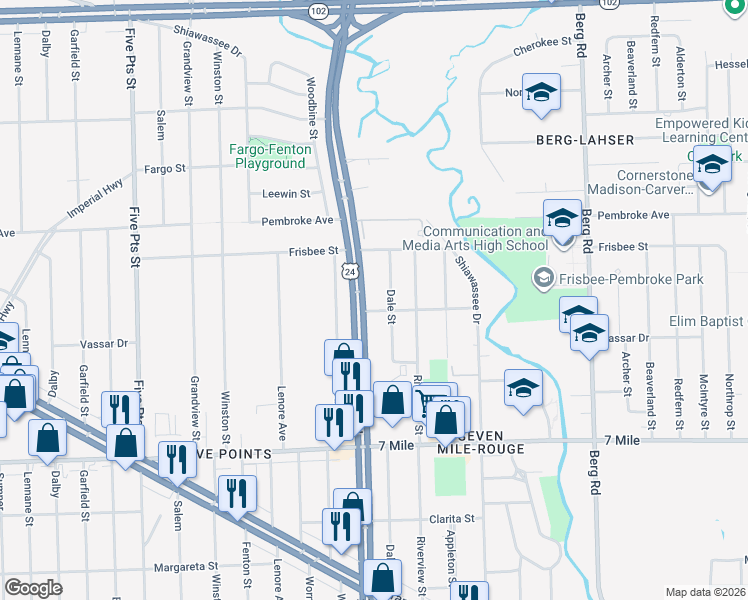 map of restaurants, bars, coffee shops, grocery stores, and more near 19613 Dale Street in Detroit