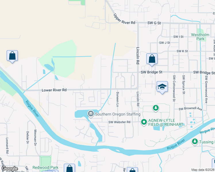 map of restaurants, bars, coffee shops, grocery stores, and more near 2300 Lower River Road in Grants Pass