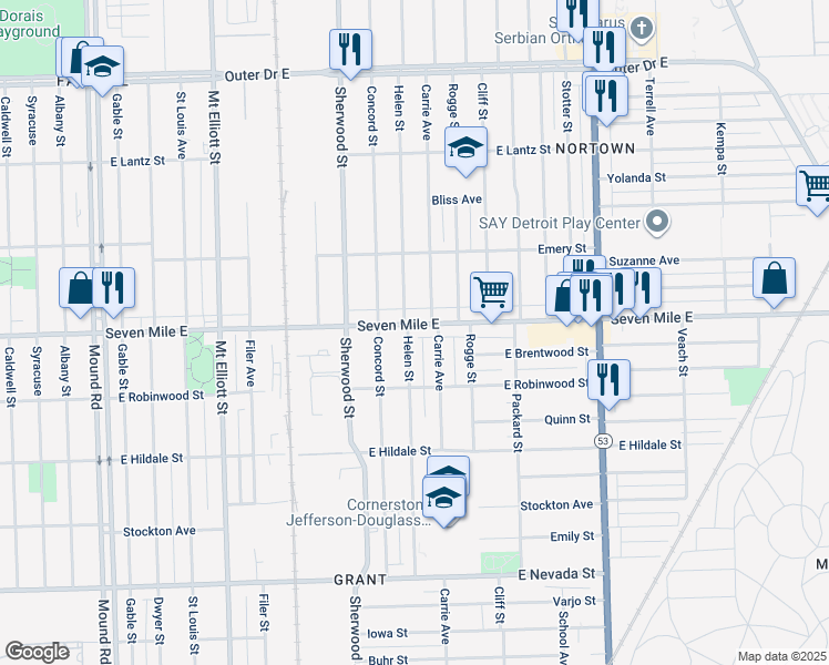 map of restaurants, bars, coffee shops, grocery stores, and more near 7026 Seven Mile East in Detroit