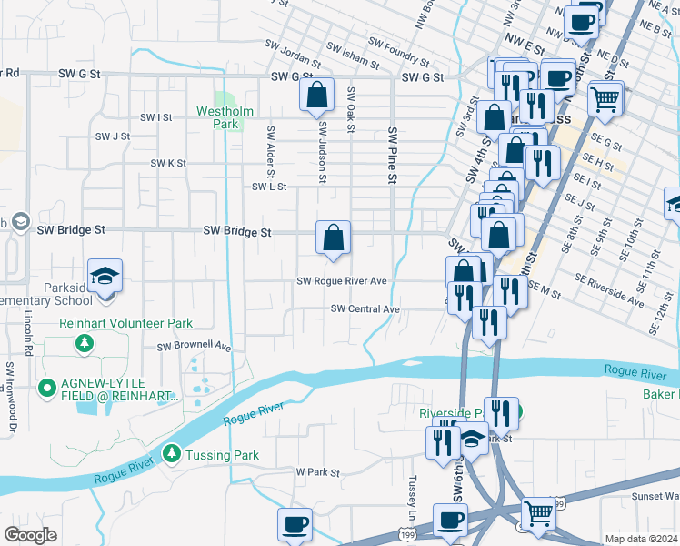 map of restaurants, bars, coffee shops, grocery stores, and more near 908 Southwest Rogue River Avenue in Grants Pass